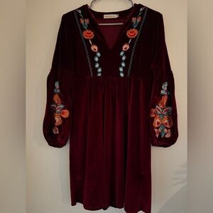 ROILI NET burgundy velvet dress puffed sleeves embroidered flowers Boho Size S